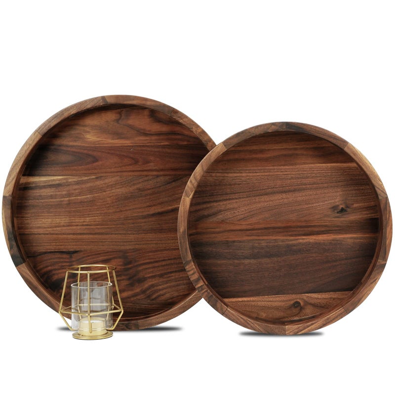 MAGIGO Set of 2 Large Round Black Walnut Wood Ottoman Tray with Handles, Serve Tea, Coffee, Classic Wooden Circular Decorative Serving Tray, 14 &12 inches - Image 1